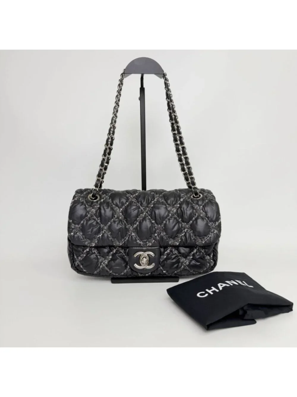 Chanel Quilted Tweed on Stitch Bubble Flap Shoulder Bag Nylon Black Silver Seal